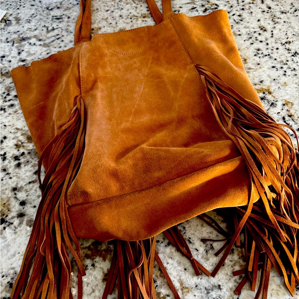 BRAND Authentic Leather Fringed Shoulder Bag